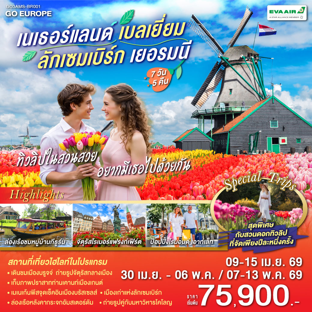 ทัวร์เบลเยี่ยม ทิวลิปในสวนสวย อยากมีเธอไปด้วยกัน เนเธอร์แลนด์ เบลเยียม ลักเซมเบิร์ก เยอรมนี 7วัน 5คืน  (BR)
